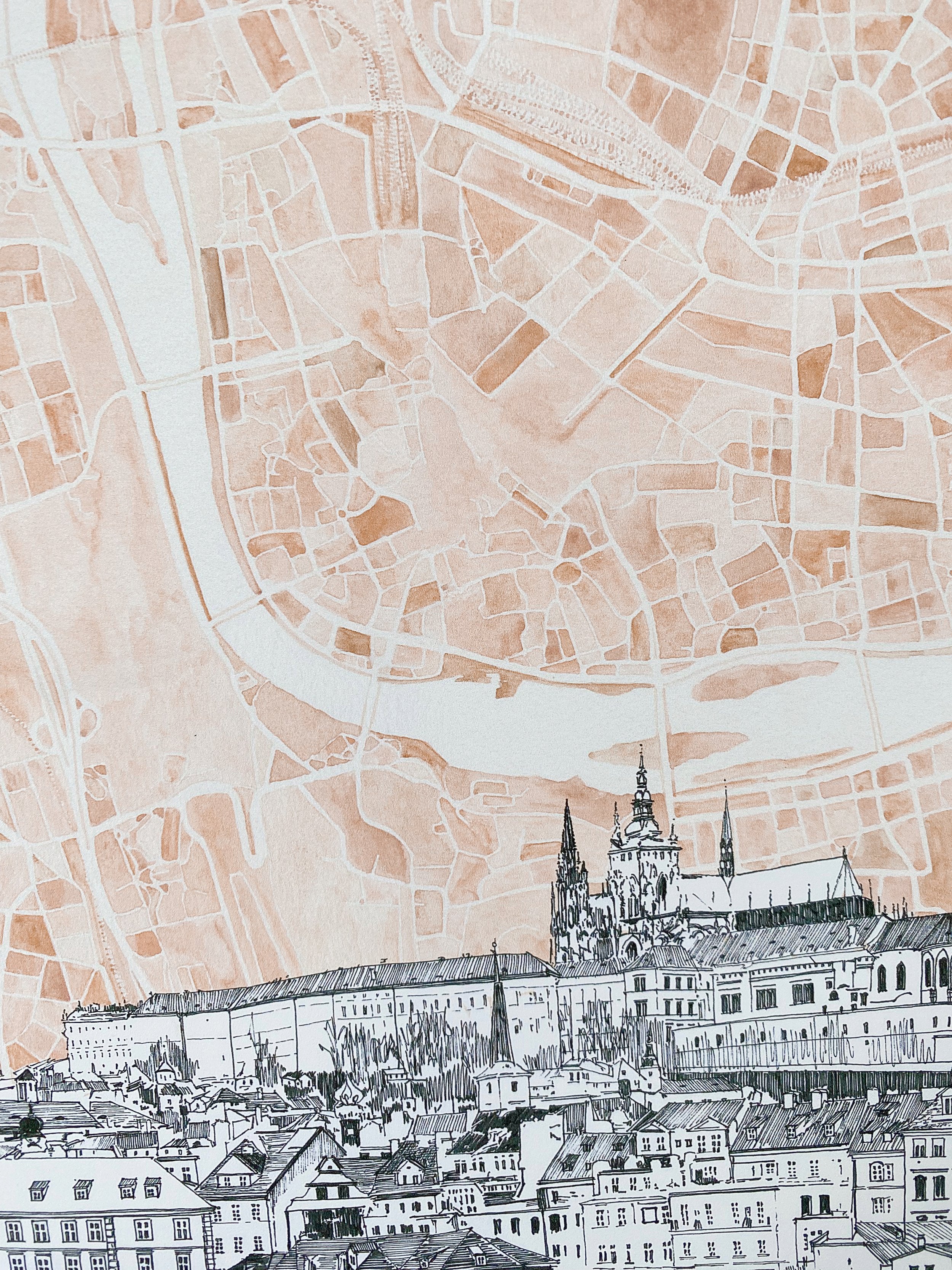 PRAGUE Watercolor Map + Sketch: PRINT