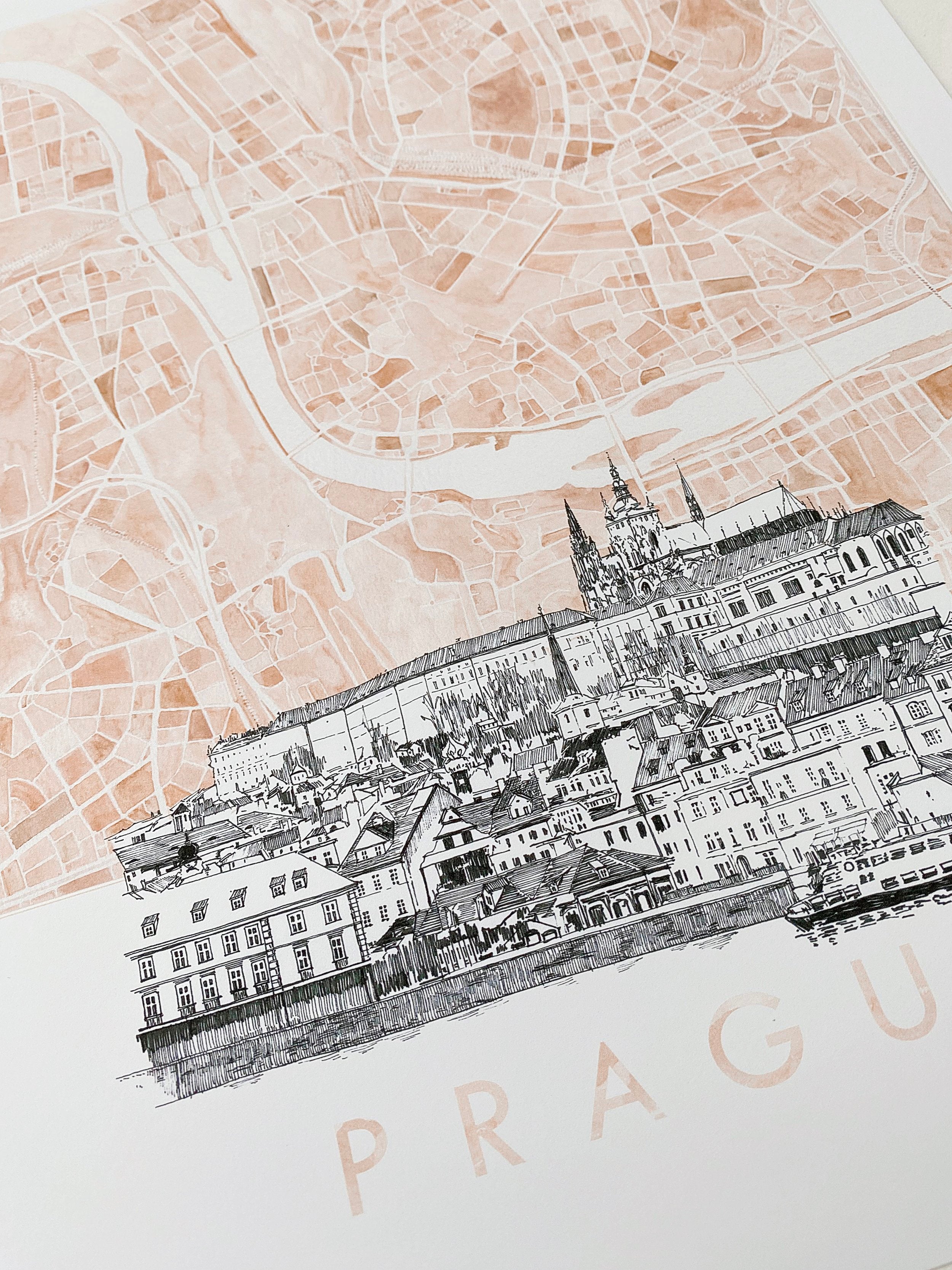 PRAGUE Watercolor Map + Sketch: PRINT