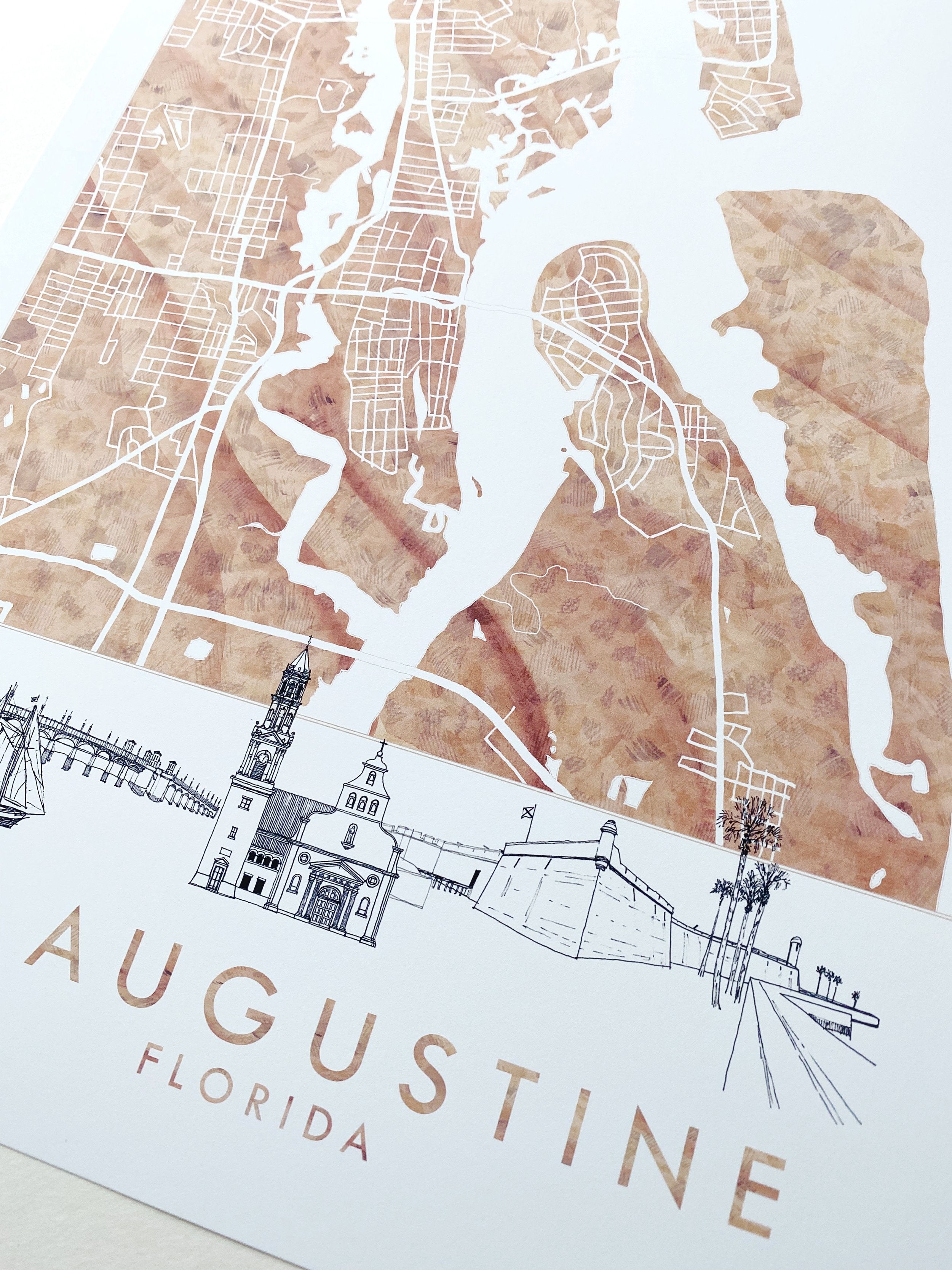St AUGUSTINE Florida Painterly Watercolor Map + Sketch: PRINT