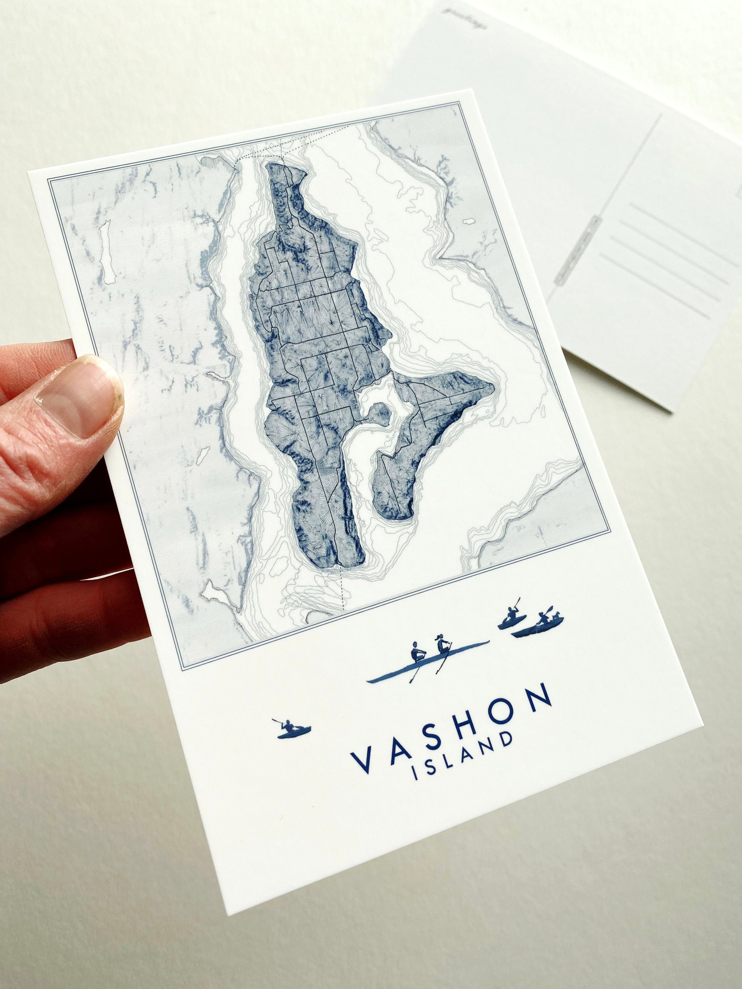 VASHON Island Washington Topographic Map Postcard - Blue, Rowers