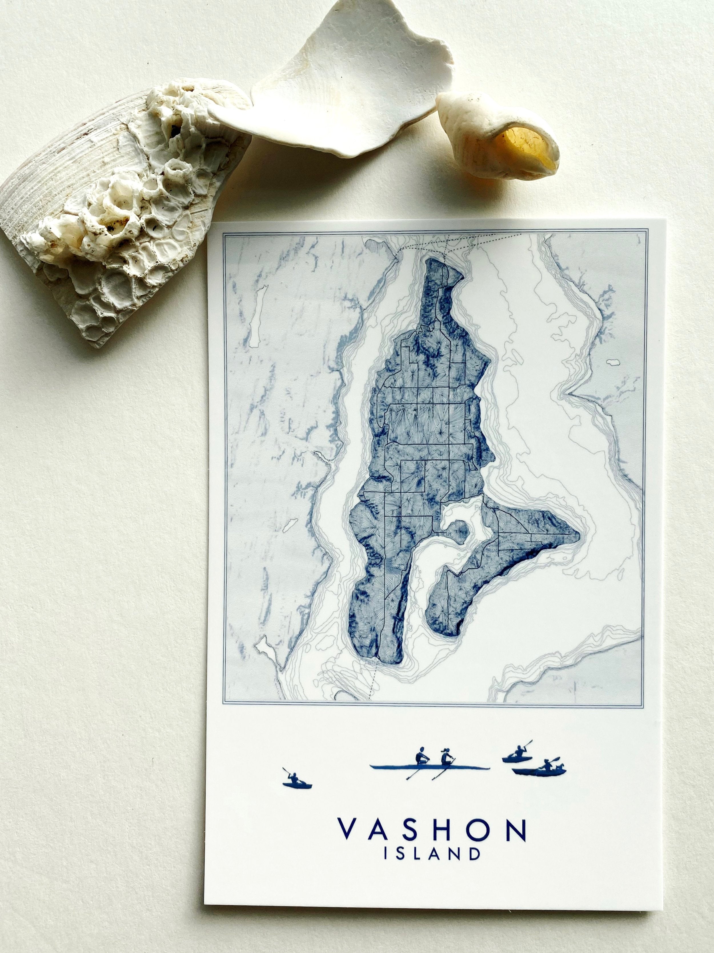 VASHON Island Washington Topographic Map Postcard - Blue, Rowers