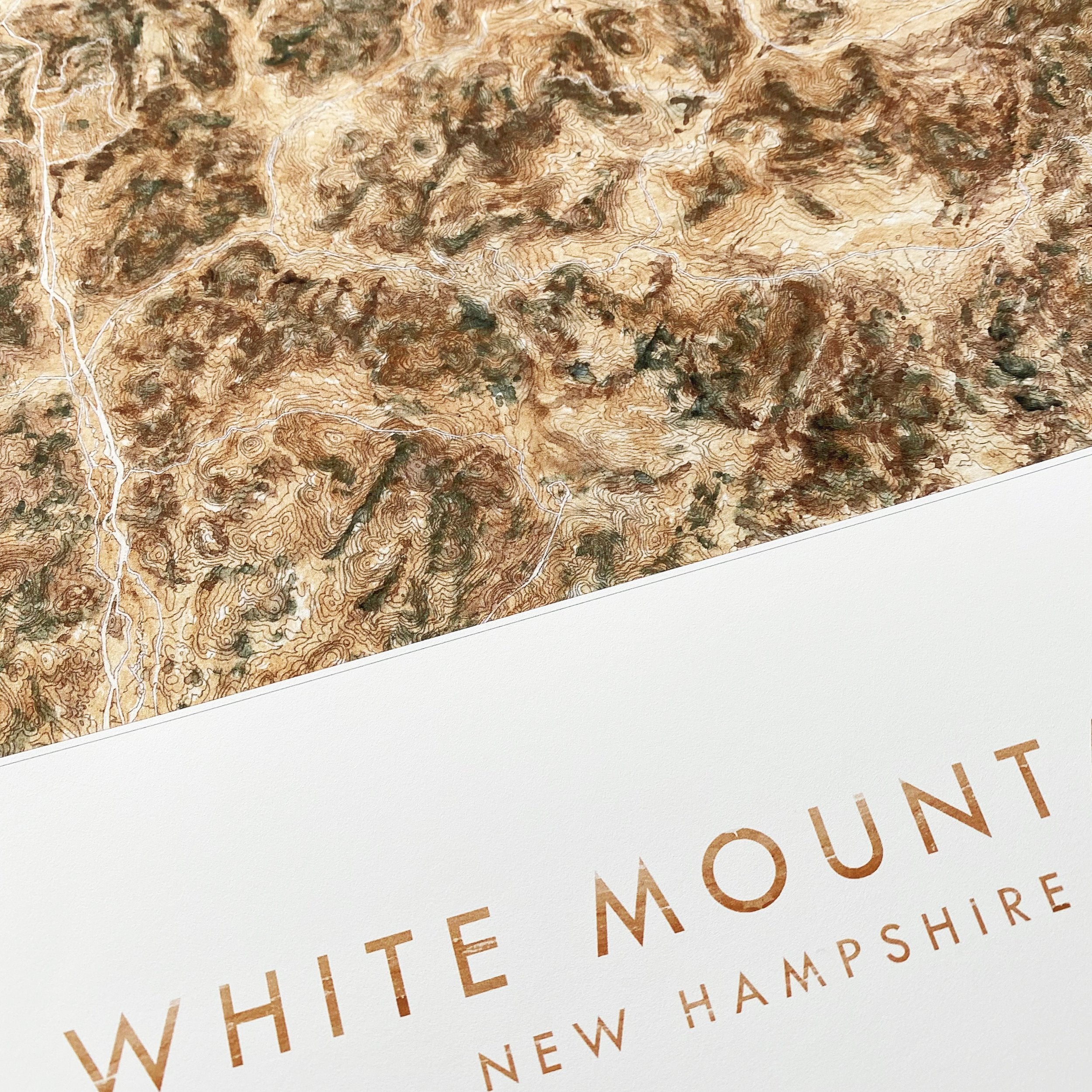 White Mountains NEW HAMPSHIRE Topographical Watercolor Map: PRINT   (Browns)