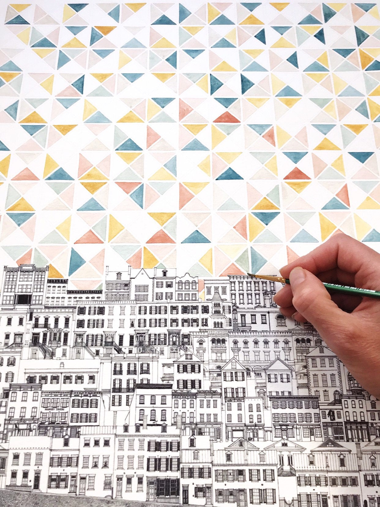 CityScape Architectural Drawing + Geometric Sky: ORIGINAL PAINTING (Commission)