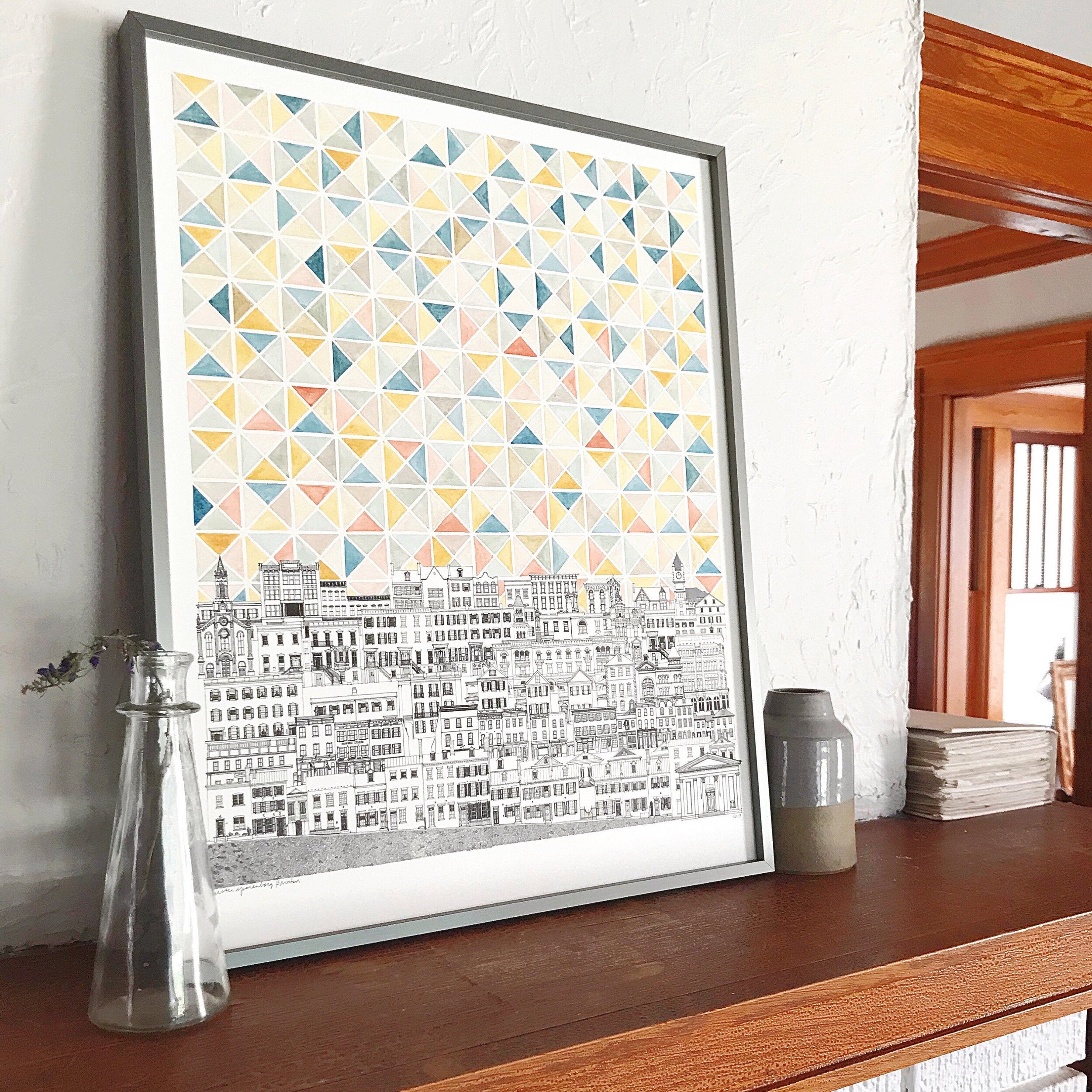 CityScape Architectural Drawing + Geometric Sky: ORIGINAL PAINTING (Commission)