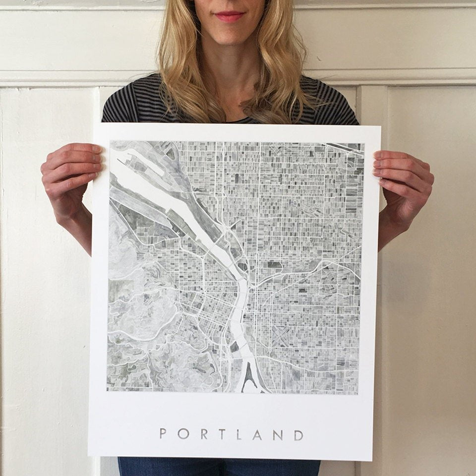 PORTLAND Oregon Watercolor City Blocks Map: PRINT (greys)